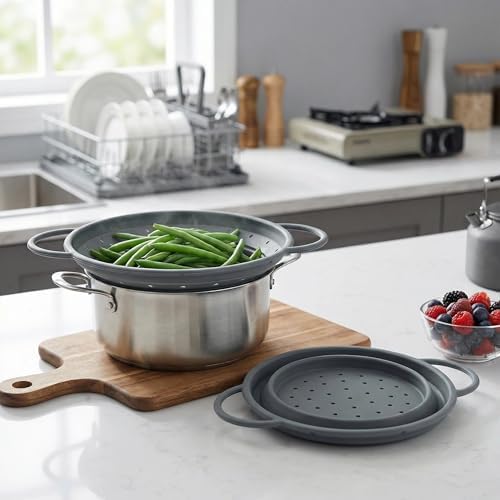Collapsible Silicone Colander with Handles, Round Strainer with Stainless Steel Rim, Space Saving Kitchen Tool for Fruits & Vegetables,BPA-Free,Heat-Resistant Pasta Drainer(Gray, S+L)