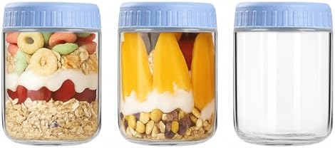 Overnight Oats Containers with Lids, 16oz Wide Mouth Mason Jars with Lids, 3 Pack Glass Jars with Airtight lid for Chia Pudding Yogurt Salad, Meal Prer Oatmeal Jars, Blue