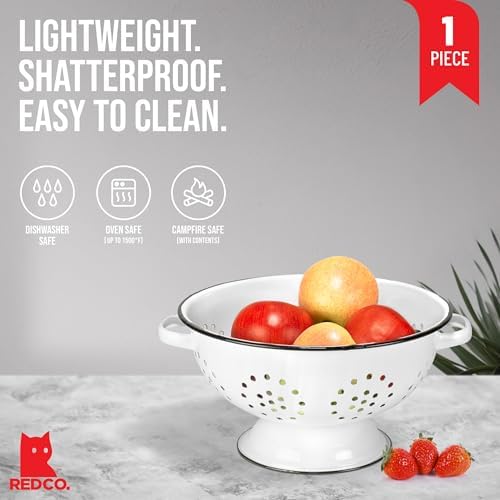 Red Co. Enamelware Metal Classic 10.5 Inch Round Food Strainer Colander with Two Handles, Distressed White/Black Rim
