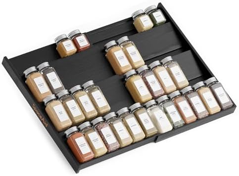SpaceAid Bamboo Black Spice Drawer Organizer, (Need 3" Deep Drawer) Expandable 4 Tier Spices Rack for Cabinet, Kitchen Seasoning Storage Insert (Jars Not Included, From 12" to 23" Wide)