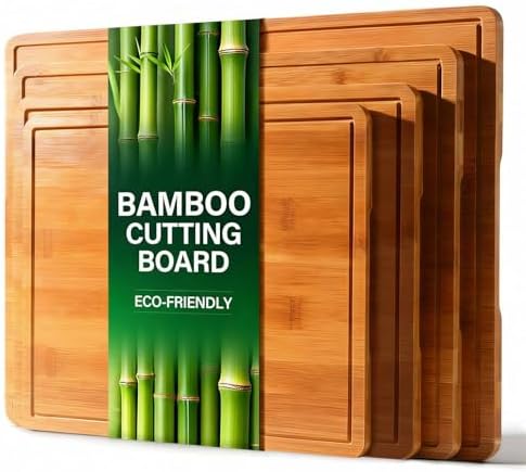 Zarler Bamboo Cutting Boards for Kitchen, 4 Piece Durable Wood Cutting Board with Juice Grooves and Handles, Wooden Chopping Board Set for Meal Prep, 500℉ Carbonized Bamboo, Ideal Kitchen Gift