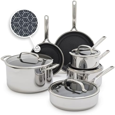 GreenPan Spectra 10 Piece Cookware Set,Hybrid Tri-Ply Stainless Steel, PFAS-Free Ceramic Nonstick Textured Cooking Surface,Induction Pots & Pans with Lids, Dishwasher Safe,Oven & Broiler Temp to 850˚F