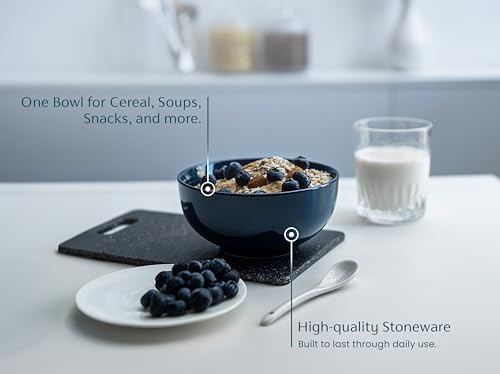 KooK Soup Bowls, Cereal Bowl, Ceramic, Bowls for Kitchen, Microwave, Dishwasher and Freezer Safe, Porcelain Dishes for Pasta, Salad, Oatmeal, Deep Interior, 20 oz, Set of 6, (Navy)