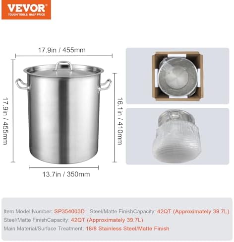 VEVOR 18/8 Stainless Steel Stockpot, 42QT Large Cooking Pots, Multipurpose Cookware Sauce Pot with Composite Base, Heavy Duty Commercial Grade Stock Pot, Sanding Treatment, for Large Groups Events