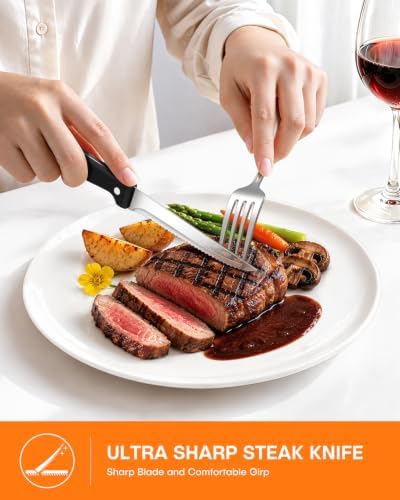 EUIRIO 24 Piece Silverware Set with Steak Knives Food Grade Stainless Steel Flatware Set for 4 Cutlery Utensil Set Includes Knife Mirror Polished Dishwasher Safe for Home Restaurant