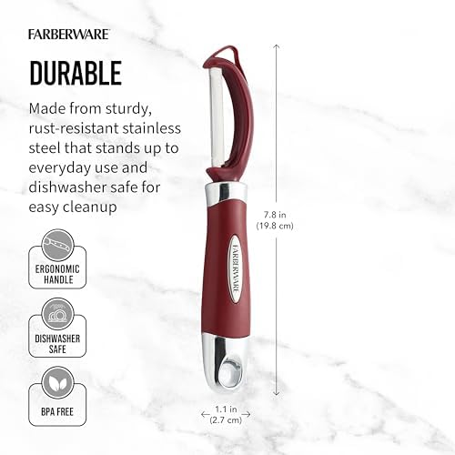 Farberware Professional Euro Vegetable Peeler with Ergonomic Handle, Razor-Sharp Swivel Blade, Red - Dishwasher Safe Potato Peeler for Kitchen, Fruits, Vegetables, and Cheese