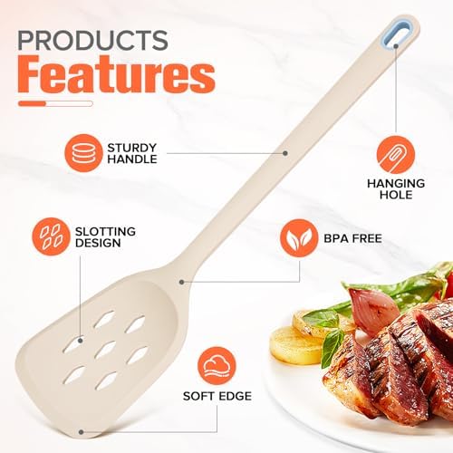Silicone Spatula Set of 2 Pack, Heat Resistant Solid&Slotted Turner (KHAKI)