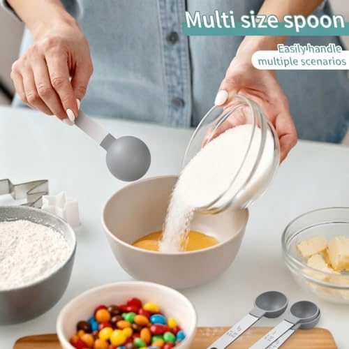 Measuring Cups Set Measuring Spoons Set, Nesting Measure Cups with Stainless Steel Handle, For Measuring Dry and Liquid Ingredients Small Teaspoon with Plastic Head (Grey)