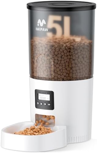 IMIPAW Automatic Cat Feeders, 5L Large Capacity, Timed Feeding Dry Food, Dual Power Design, Programmable Portion Size, 1-6 Meals Per Day, with Desiccant Packet, Suitable for Small Pets Food Dispenser