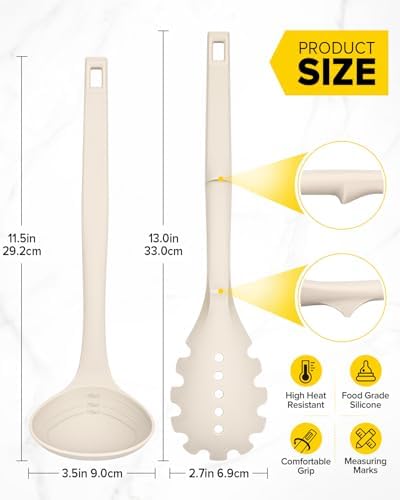 BUNDLEPRO Silicone Soup Ladle and Pasta Spoon Set, One-Piece, 2 Pack, Khaki