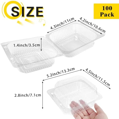 100 Pcs Clear Hinged Plastic Containers with Lids,Individual Cake Slice Containers,Square Plastic Food Container,Disposable Clamshell Take Out Containers for Cakes,Cookies,Pasta,Sandwiches,Salad