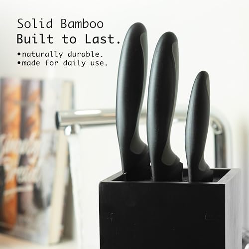 KAIZEN Bamboo Knife Block Without Knives - Perfectly Sized Universal Knife Holder for Knives, Scissors - Unique Knife Storage for Counter Top with Anti-Slip Base (Black)