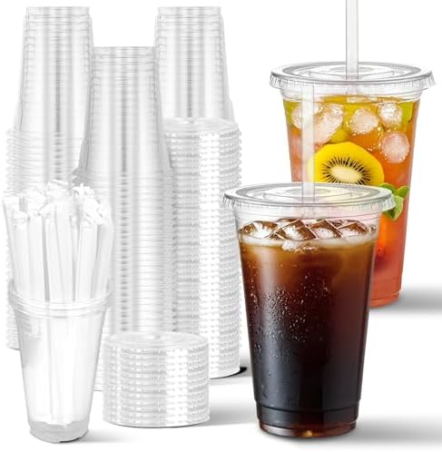 Charmount 100 Sets- 20 oz Clear Plastic Cups with Lids and Straws
