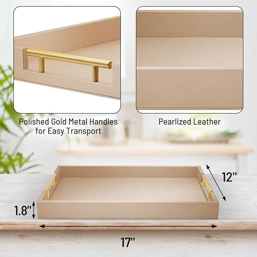 ATZYmolin 17"x12" Leather Serving Tray, Gold Handle Vanity Platter, Khaki