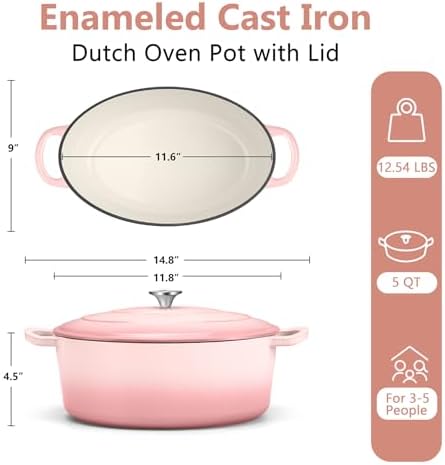 TeamFar Oval Dutch Oven, 5qt Enameled Cast Iron Dutch Oven Pot with Lid