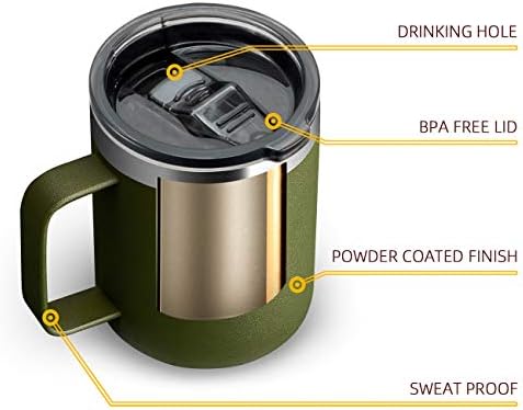12 oz Insulated Travel Coffee Mug with Handle, Army Green