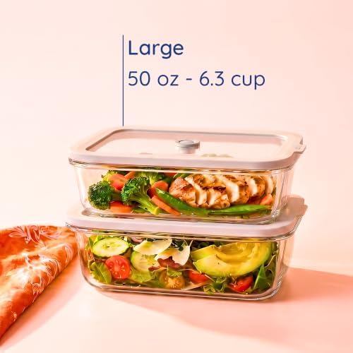 Non-Toxic Glass Food Containers with Lids, 2-Pack, 50 oz, Airtight, Gray