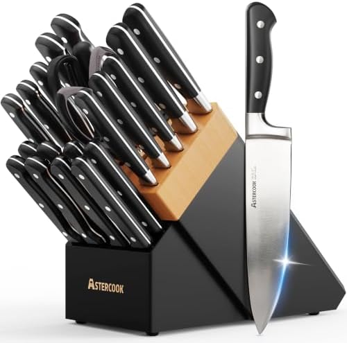 Astercook Kitchen Knife Set Full Tang with Block and Sharpener Elegant