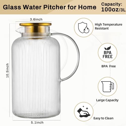 Buaic 2 PACK Glass Pitcher with Lid, 100 oz/ 3L Glass Water Pitcher