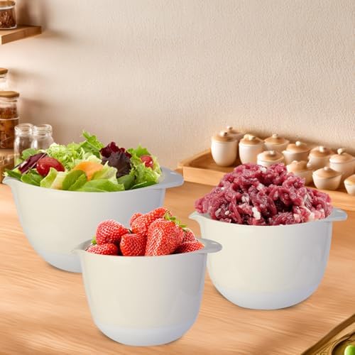 3 Small Plastic Mixing Bowls with Pour Spout,Lids and TPR Non-Slip Bottom,Nesting Batter Bowl Set for Kitchen Prep,Baking,Storage,BPA Free,Easy to Grip,1.5Qt,2Qt,3Qt,White