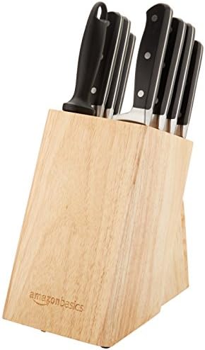 Amazon Basics 9-Piece High-Carbon Stainless Steel Kitchen Knife Set with Ergonomic Handles, Full Tang Construction, Pine Wood Block, Black