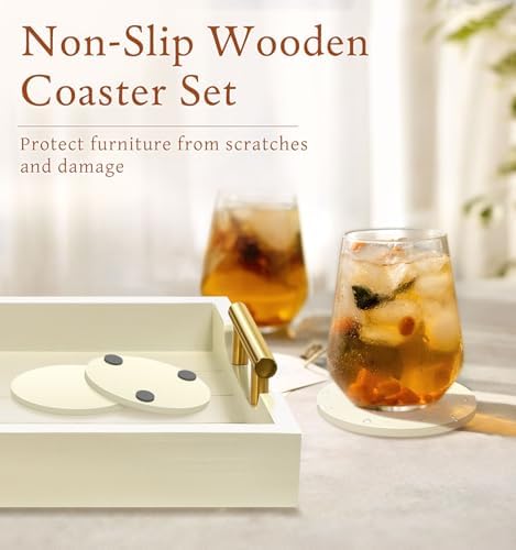 SXNOWS Wooden Serving Tray with 2 Sets of Handles,Cream
