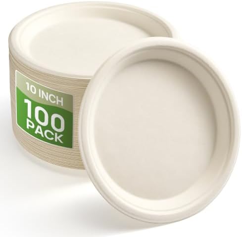 BESTVIP 10 Inch Compostable Sugarcane Paper Plates, Nature,100 Pack