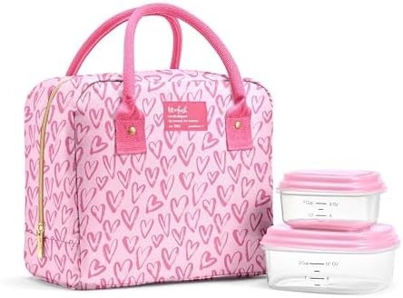 Fit & Fresh Bloomington Lunch Bag for Women - Insulated Large Lunch Box for Work with Containers, Leak-Resistant, Stain-Resistant, Zipper Closure, Pink Doodle Hearts