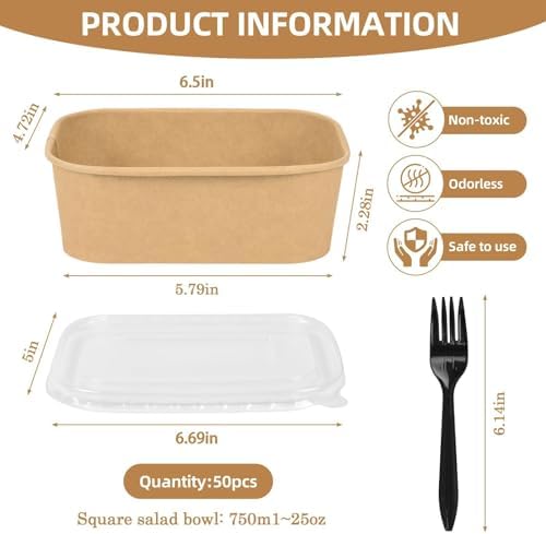50 Pack Disposable Meal Prep Containers, 25oz Disposable Large Paper Bowls with Lids and Forks for Salad, Noodles, Freezer and Microwavable Storage Use Cardboard Food Containers