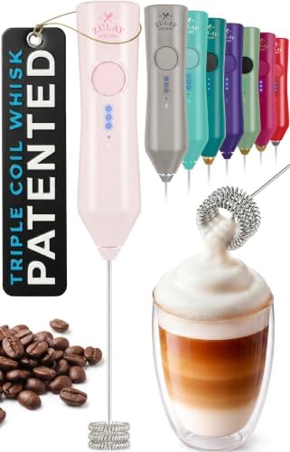 Zulay Kitchen Rechargeable Milk Frother Handheld - Frother Wand, Drink Mixer, Electric Whisk Frother, for Cappuccinos, Matcha & Protein Powder - Dynamic Triple Whisk, 3 Speed 500mAh Cotton Candy Pink