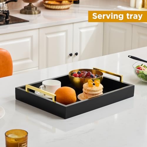 16"x12" Serving Trays with Handles, Black Decorative Serving Tray, Ottoman Trays for, Living Room, Bathroom, and Outdoors Decorative Trays (Black) (Pack of 2)