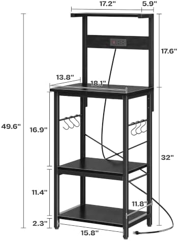 SUPERJARE 4 Tier Bakers Rack with Power Outlets, Microwave Stand with Adjustable Shelf, Kitchen Shelf Organizer for Small Space, Coffee Bar with 6 S Hooks, Kitchen Storage Rack, Black