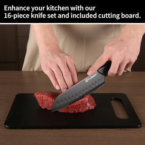 17-Piece Black German Steel Kitchen Knife Block Set
