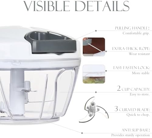 Ourokhome Manual Food Processor Vegetable Chopper, Portable Hand Pull String Garlic Mincer Onion Cutter for Veggies, Ginger, Fruits, Nuts, Herbs, etc., 500ml, White