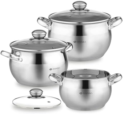 Daniks Classic 6-Piece Stainless Steel Cookware Set with Glass Lids, Tri-Ply Bases for Even Heating, Induction Compatible, Dishwasher Safe