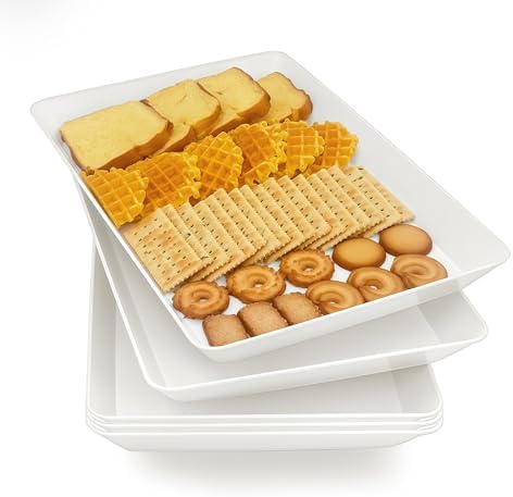 Serving Tray Platter, 5 Pcs Food Tray for Veggie Fruit Snack Dessert Cookie Cheese, Food Trays for Party Supplies Display, Plastic Platters for Serving Food, Large White Trays, BPA Free