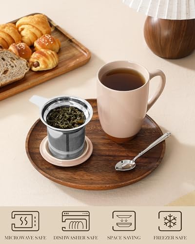 MALACASA Ceramic 18 oz Tea Mug with Lid and Infuser, Khaki Pink
