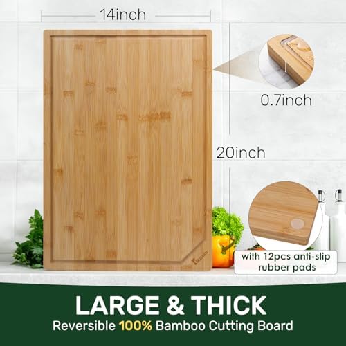 Kikcoin 20”×14” Bamboo Cutting Boards for Kitchen, Wooden Healthy Cutting Boards for Charcuterie, Vegetables, Cheese, Bread, Extra Large Chopping Boards with Deep Juice Groove and Handle, Natural