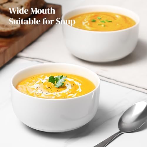 DOWAN White Ceramic Bowls Set of 6, 20 oz Ceramic Cereal Bowls, Everyday Cereal, Soup & Rice Bowls, Stackable Stoneware for Modern Kitchens, Dishwasher & Microwave Safe Bowl