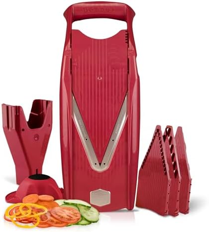 Swissmar Börner VPower V-Slicer Mandoline – Professional Kitchen Tool with Adjustable Thickness – Precision Food Slicer for Vegetables, Julienne & Shredding – Includes Safety Holder & Inserts - Red