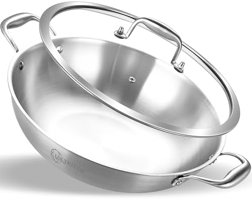LOLYKITCH 13-Inch Stainless Steel Wok with Lid | 5.5-Quart | Dual Handles