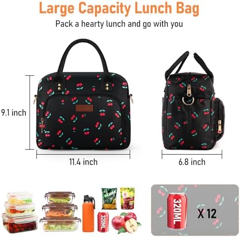 Lunch Bag Large Insulated Lunch Box for Women Men Adult Cute Cherry Lunchbox Lunch Bags Boxes Pail with Shoulder Strap for Work Mom Picnic Office Travel 11.4×6.8×9.1 inches 11.5L Black