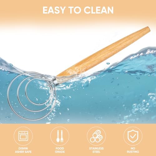 Maxjoy Danish Dough Whisk, Stainless Steel Wooden Bread Tool for Sourdough