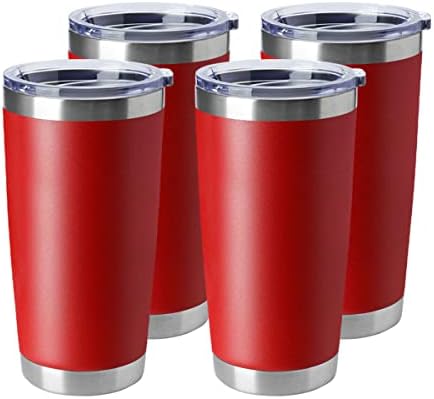 HASLE OUTFITTERS 20oz Tumblers Stainless Steel Mugs with Lid Double Wall Vacuum Insulated Coffee Cups for Cold & Hot Drinks (20oz-Red, 4 Pack)