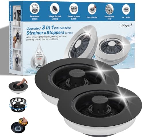 Hibbent 2 Pack 3 in 1 Kitchen Sink Drain Strainer, Metal Pop Up Stopper