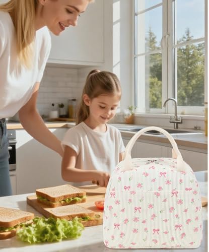 BTOOP Lunch Box for Women Men Cute Corduroy Lunch Bags Large Capacity Insulated Lunch Tote Bag For Work Travel Or Picnic (Pink Bow Floral-1)