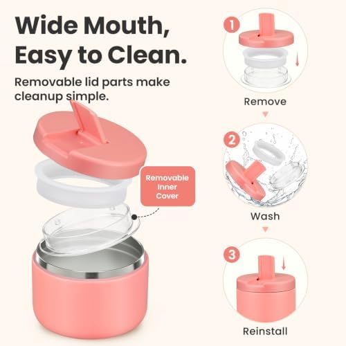 Pawtong 12oz Insulated Vacuum Food Jar with Buckle Lid Wide Mouth Soup Thermo for Hot Food Kids Leakproof Stainless Steel Lunch Container- Pink- 1Pack