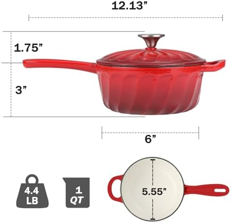 1 Quart Saucepan with Lid, Enameled Cast Iron Sauce Pan, Heavy Duty Small Pots for Cooking Pasta Sauce, Soup, Milk, Oven Safe up to 500°F (Red)