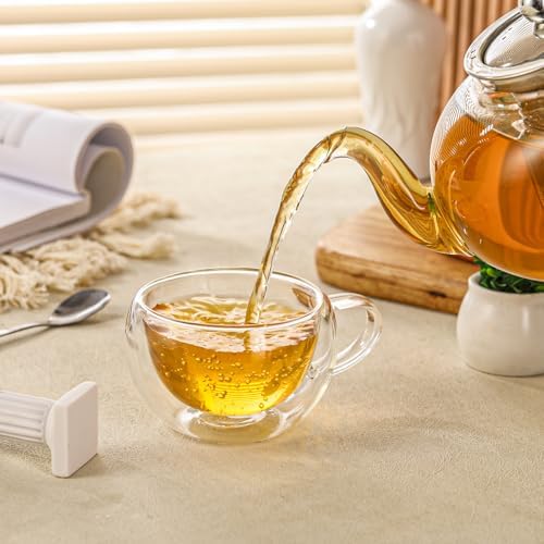 Double Wall Insulated Glass Tea Cups Set of 4, Clear Borosilicate Glass Espresso Shot Cups for Espresso Machine, Teacups Coffee Mugs with Handle for Cappuccino Latte, 7OZ/200ML