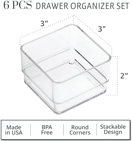 STORi SimpleSort 6-Piece Stackable Clear Drawer Organizer Set | 3" x 3" x 2" Square Trays | Small Makeup Vanity Storage Bins and Office Desk Drawer Dividers | Made in USA